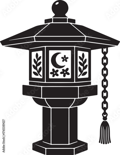 Asian Temple Garden Lantern with Moon and Flower Design