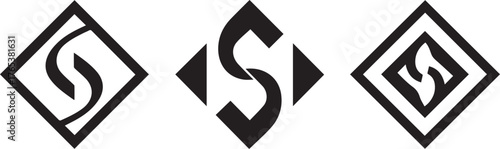 Three stylized diamond shapes featuring abstract geometric designs and letters