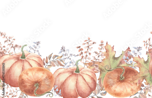Soft orange pumpkins, maple leaves and wildflowers watercolor seamless border isolated white. Delicate autumn botanical edge repeated design for wedding menus, invitation and festive packaging.