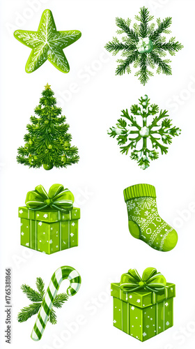 Set of Christmas ornaments in green. Vintage Xmas decorative elements are isolated on white background