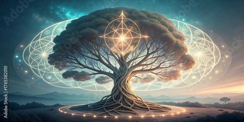 Enlightened tree of life with cosmic energy and sacred geometry in a mystical landscape.