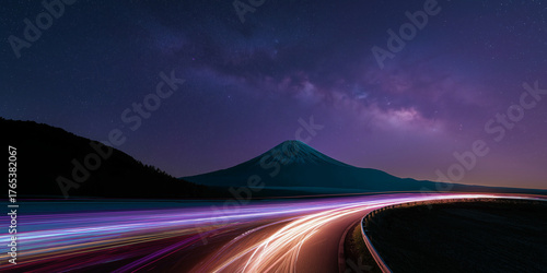 Mesmerizing night scene with light trails curving around road, set against starry sky and majestic mountain. vibrant colors create sense of motion and wonder