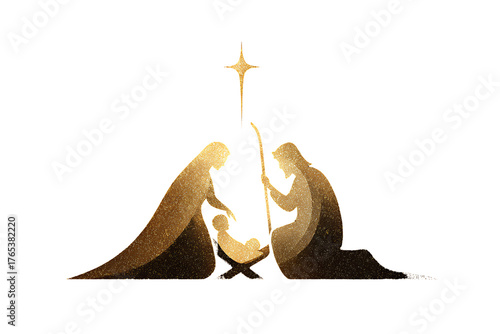 Minimalist Silhouette of Nativity Scene with Radiant Star of Bethlehem, Modern Artistic Design, Isolated on Transparent Background