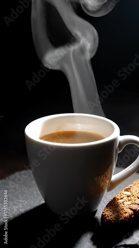 Steam Rising From Coffee in White Mug With Biscotti, Dark Background