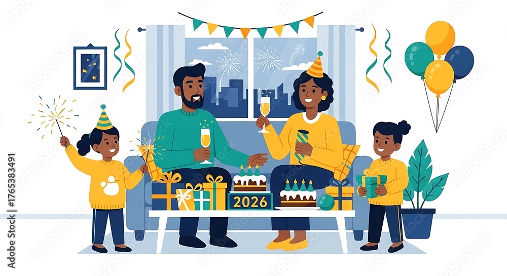 Fototapeta premium Happy black family celebrating a birthday together with cakes presents and balloons in a cozy living room