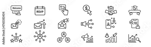 Customer acquisition outline icon set – welcome, RSVP, lead generation, digital marketing, conversion, referral, outreach, growth strategy symbols, Email engagement, invitation, announcement