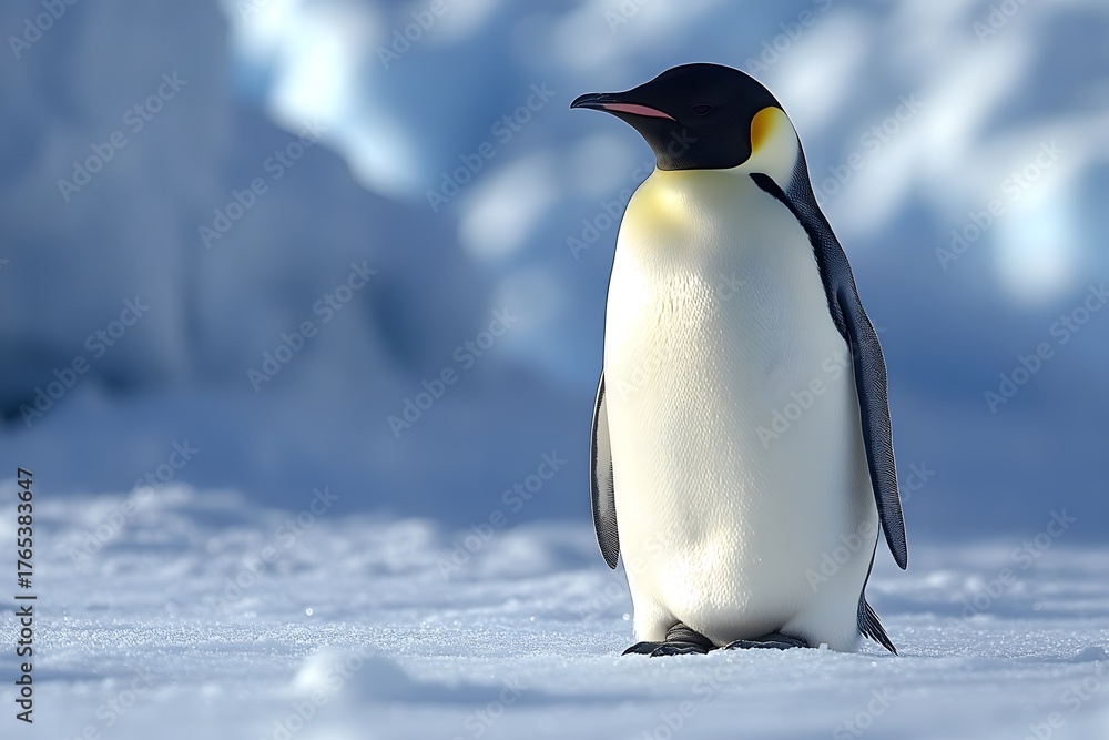 Fototapeta premium Emperor penguin standing on snow in the icy Antarctic landscape during bright daylight