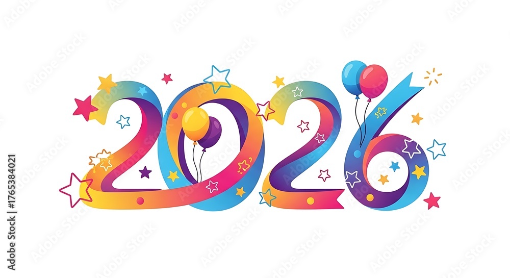 Fototapeta premium Vibrant and colorful 2026 typography with festive balloons and confetti celebrating the upcoming new year s eve holiday