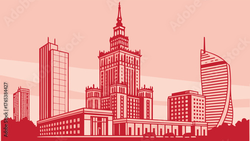A red toned illustration showcasing a city skyline with various buildings and a prominent central tower structure