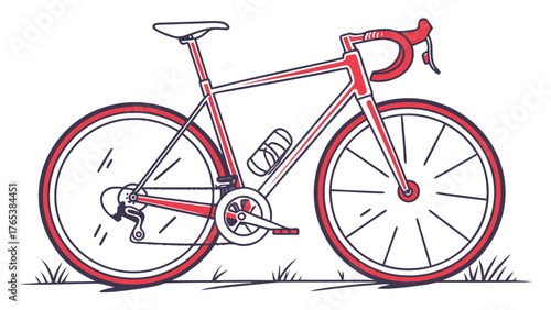 A detailed illustration of a red and white road bicycle with a water bottle on a white background