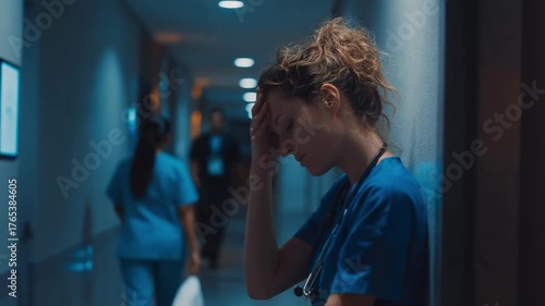Exhausted nurse in blue scrubs leaning against a hospital hallway wall, head in hand, overwhelmed.