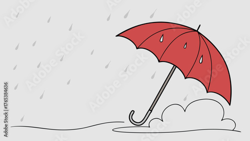 A red umbrella sheltering from rain with a cloud and raindrops falling on a plain background drawing style
