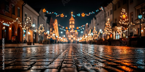 Blurred Christmas city street at night with lights