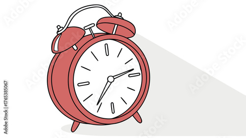 A simple illustration of a red alarm clock with white face and black hands casting a long shadow on a white surface