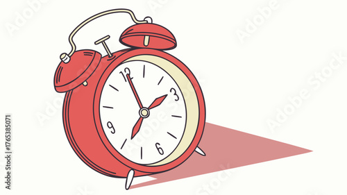 Illustration of a red alarm clock with white face and black hands casting a pink shadow on a white surface