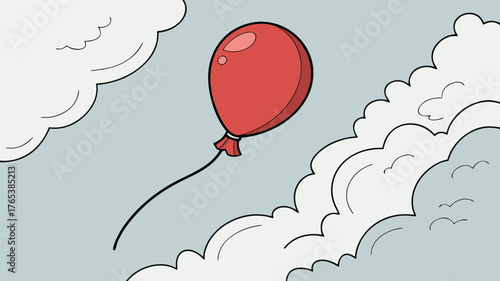 A cartoon illustration of a red balloon floating amidst fluffy white clouds against a light blue sky backdrop