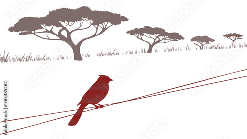 A red bird perched on a wire with trees in the background creating a simple and elegant illustration