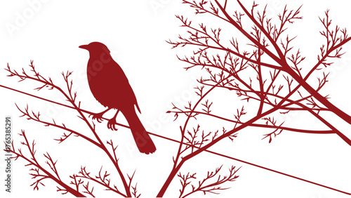 A silhouette of a bird perched on a branch with bare branches against a white background creating contrast