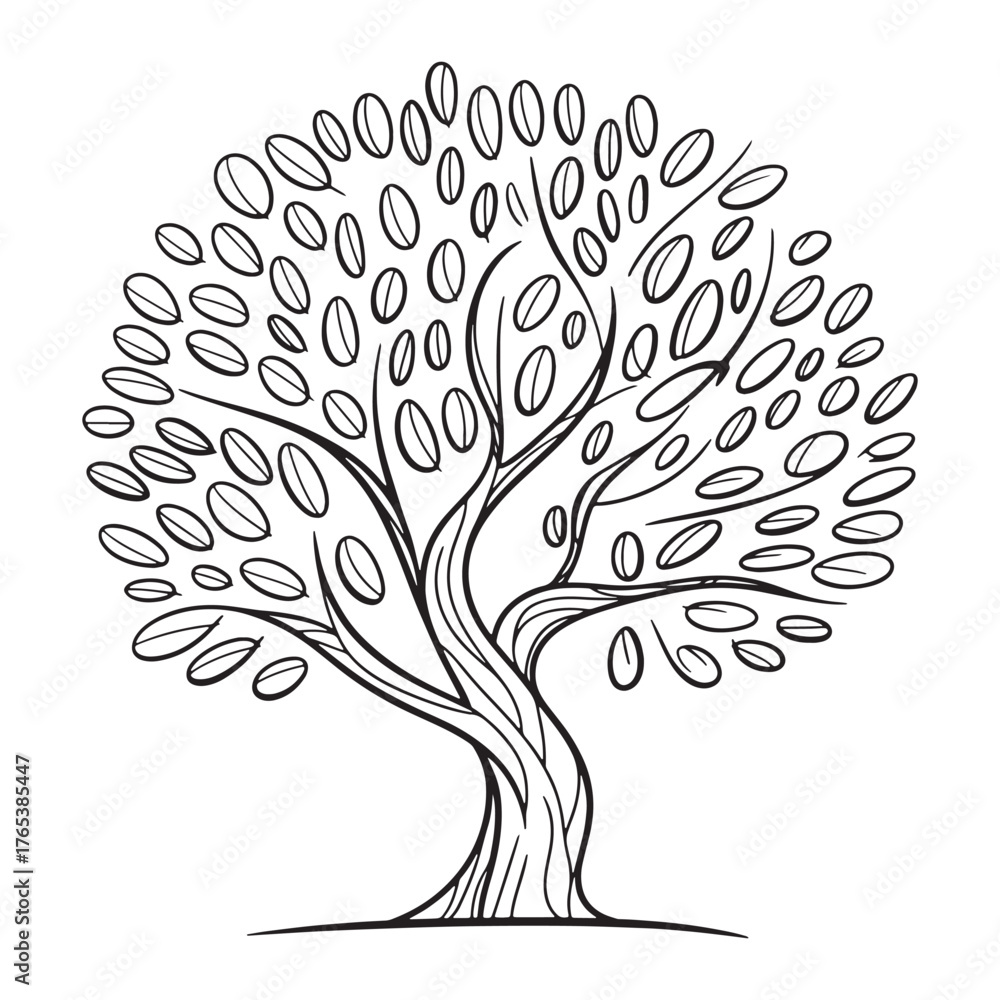 Naklejka premium Stylized monochrome tree illustration with dense foliage and intricate trunk details