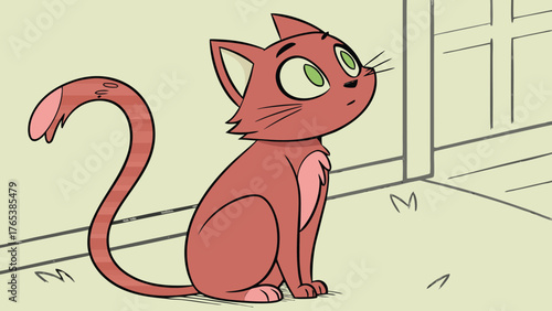 A cartoon cat with pink fur and green eyes sitting in a room looking up towards a window or door frame area