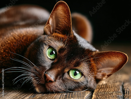A sleek Havana Brown cat wi...