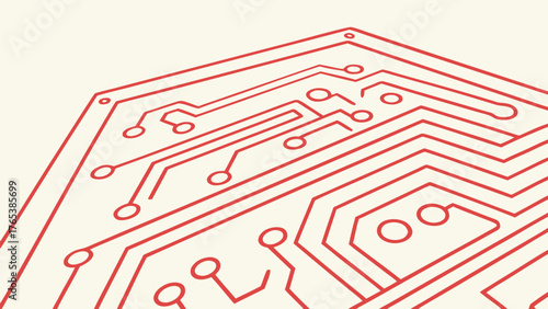 A close up view of a red circuit board pattern on a white background showing intricate electronic pathways