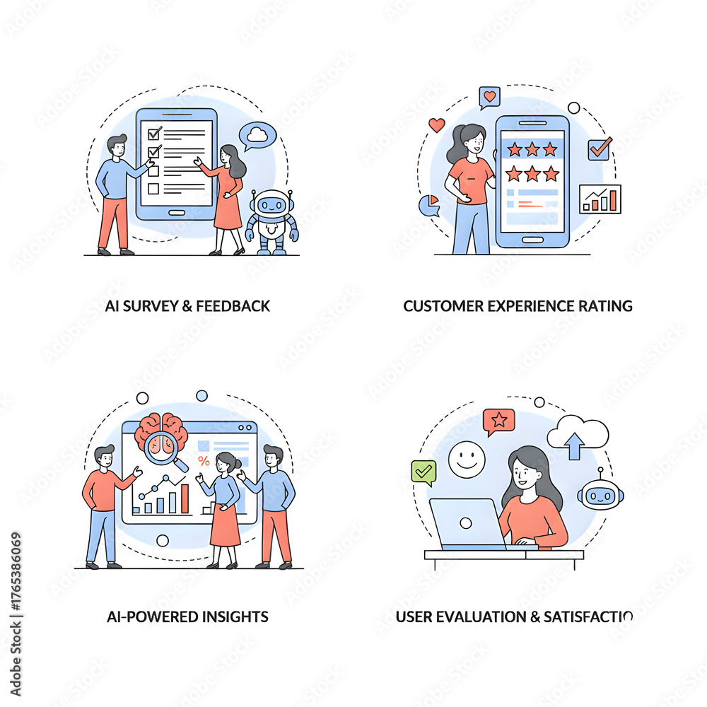 Naklejka premium Review set. Characters use artificial intelligence to fill survey form, give feedback, customer evaluation rating. User experience concept. illustration design.