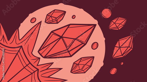 A cartoon illustration of red crystals floating around a light red planet with a dark red background space
