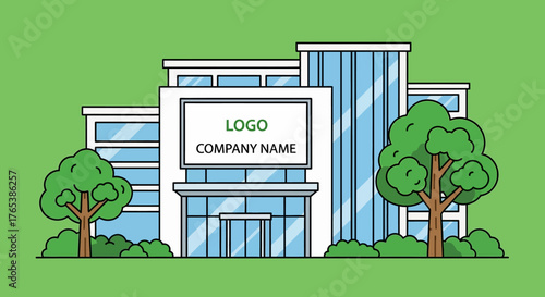 Modern office building with glass facade and trees vector illustration.
