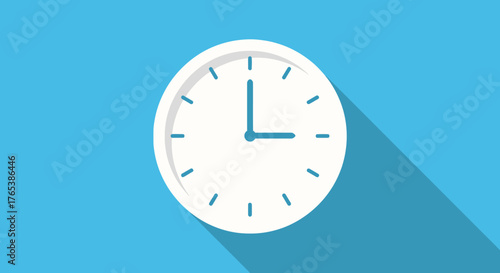 Simple white wall clock with blue hands showing three oclock.