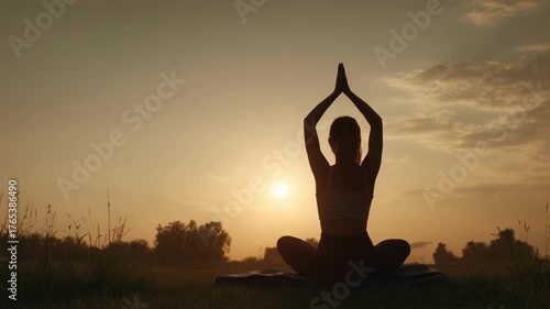 Silhouette of a person doing yoga in a seated pose with hands pressed together overhead at sunset in a grassy field.