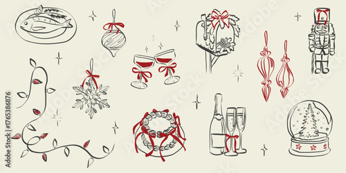 Retro doodles of Christmas party. Vintage new year icons dinner meals in chalk and crayon drawing. Xmas party elements for poster and greeting cards. Hand drawn holiday vector illustration