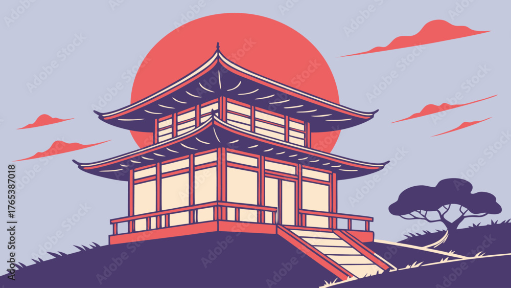 Fototapeta premium Illustration of a traditional japanese building with a red sun and clouds in the background on a hill top