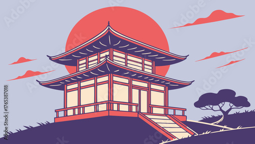 Illustration of a traditional japanese building with a red sun and clouds in the background on a hill top