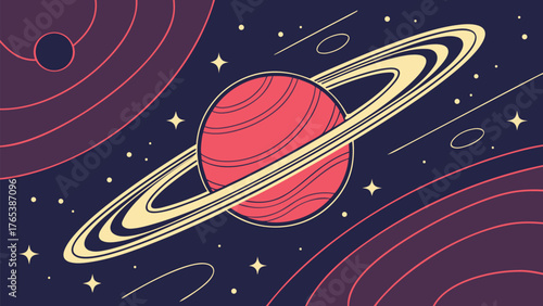 A stylized illustration of a red planet with rings surrounded by stars and cosmic elements in space