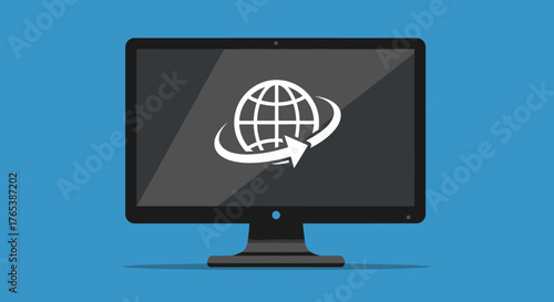 Computer monitor screen with a global internet connection icon.