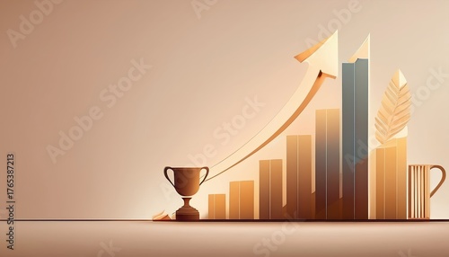 Minimalist business illustration depicting growth with clean design featuring bar charts and a trophy