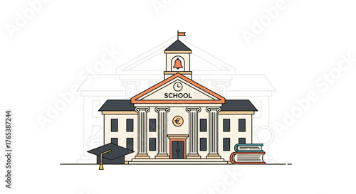 Classic school building with columns and a clock tower.