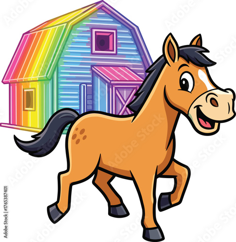 Cartoon horse trotting, rainbow barn background, colorful farm animal, cheerful livestock illustration, kids theme, vibrant nature art, fantasy countryside design