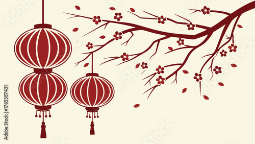 Illustration showing two red chinese lanterns hanging next to a flowering branch on a cream background design
