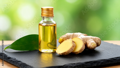 Ginger oil bottle with fresh ginger root