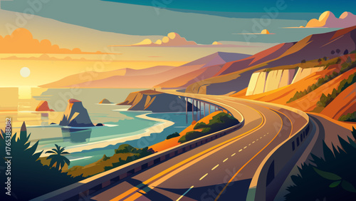 Very beautiful scenic coastal drive along the golden California Pacific cliffs during golden hour, symbolizing freedom, adventure, and unforgettable road trips filled with sunlight, ocean breeze, and 