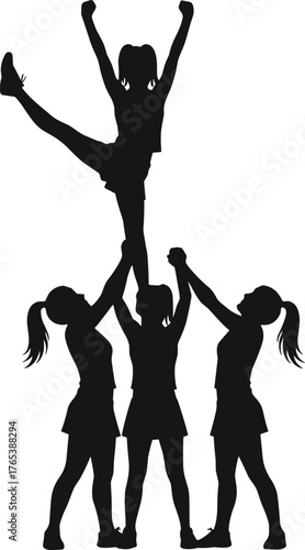 Cheerleading, silhouette, stunt, five girls, teamwork, balance, athletic, elevated pose, support, formation, coordination, strength, performance