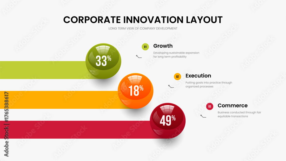 Fototapeta premium Science Overview Frame Template Vector Illustration. Project Plan Three Step Diagram Presentation Design. Corporate Innovation 3 Option Graph Slide Layout.