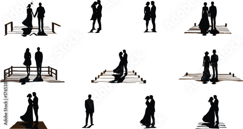 Couple silhouette on dock, romantic pose, emotional moment, love scene, black shadow art, peaceful setting, minimalist design, relationship theme