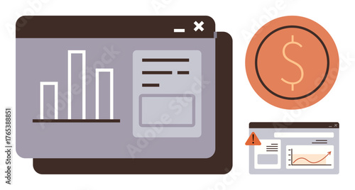 Bar chart on screen, reports, dollar coin, and alert icon emphasize budget tracking, financial planning, data visualization, strategy, risk management, digital investment simple flat metaphor