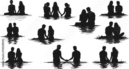 Couple silhouette pose, romantic moment, emotional connection, sitting together, black shadow art, love scene, peaceful setting, minimalist relationship design