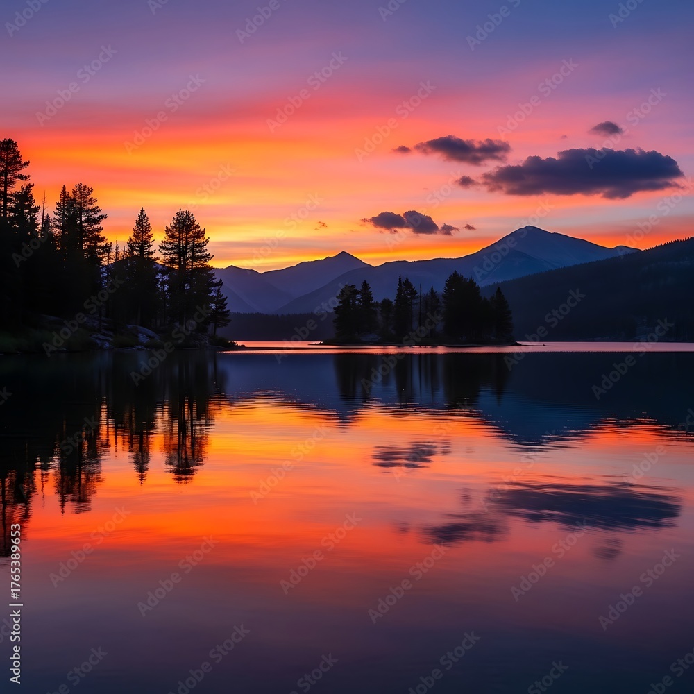 Fototapeta premium Lake Placids Fiery Sunset - Reflections on Serenity and Natures Canvas.