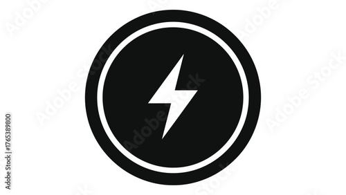 Black circle icon with white lightning bolt symbol for power energy or speed isolated on white background