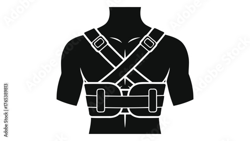 Men's black chest harness with white straps showing form fitting design and adjustable buckles isolated on white background